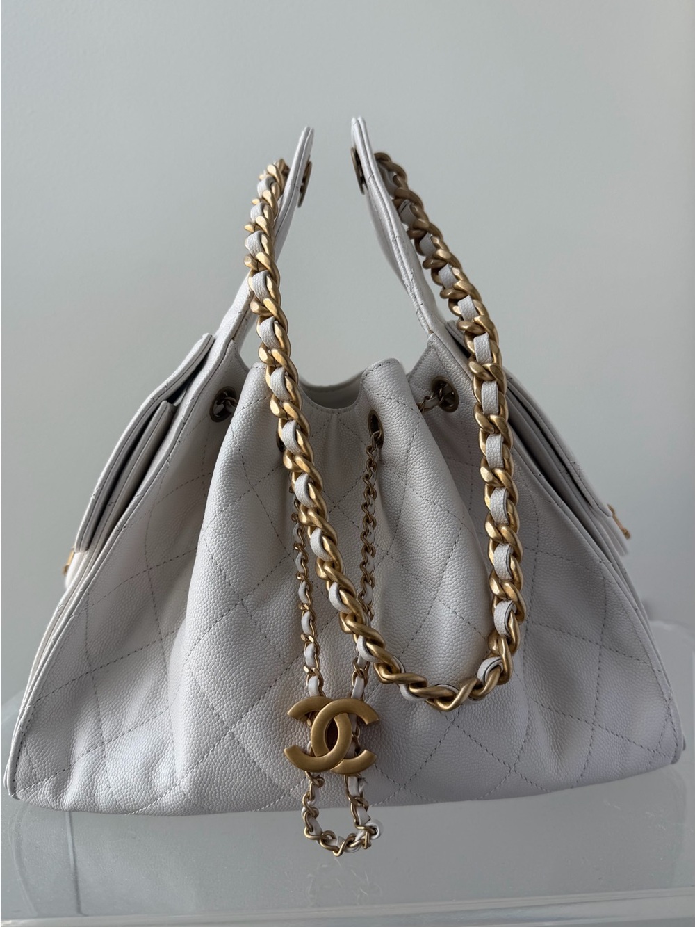 Chanel 25 Small Quilted Drawstring Shoulder Bag in White with Gold Chain